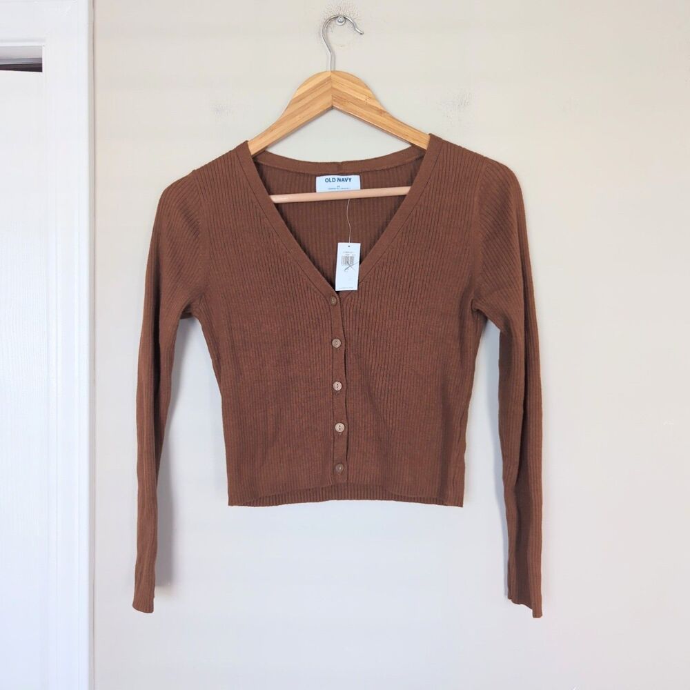 Old Navy NWT Cropped Lightweight Cardigan Sweater Size XS Brown Ribbed